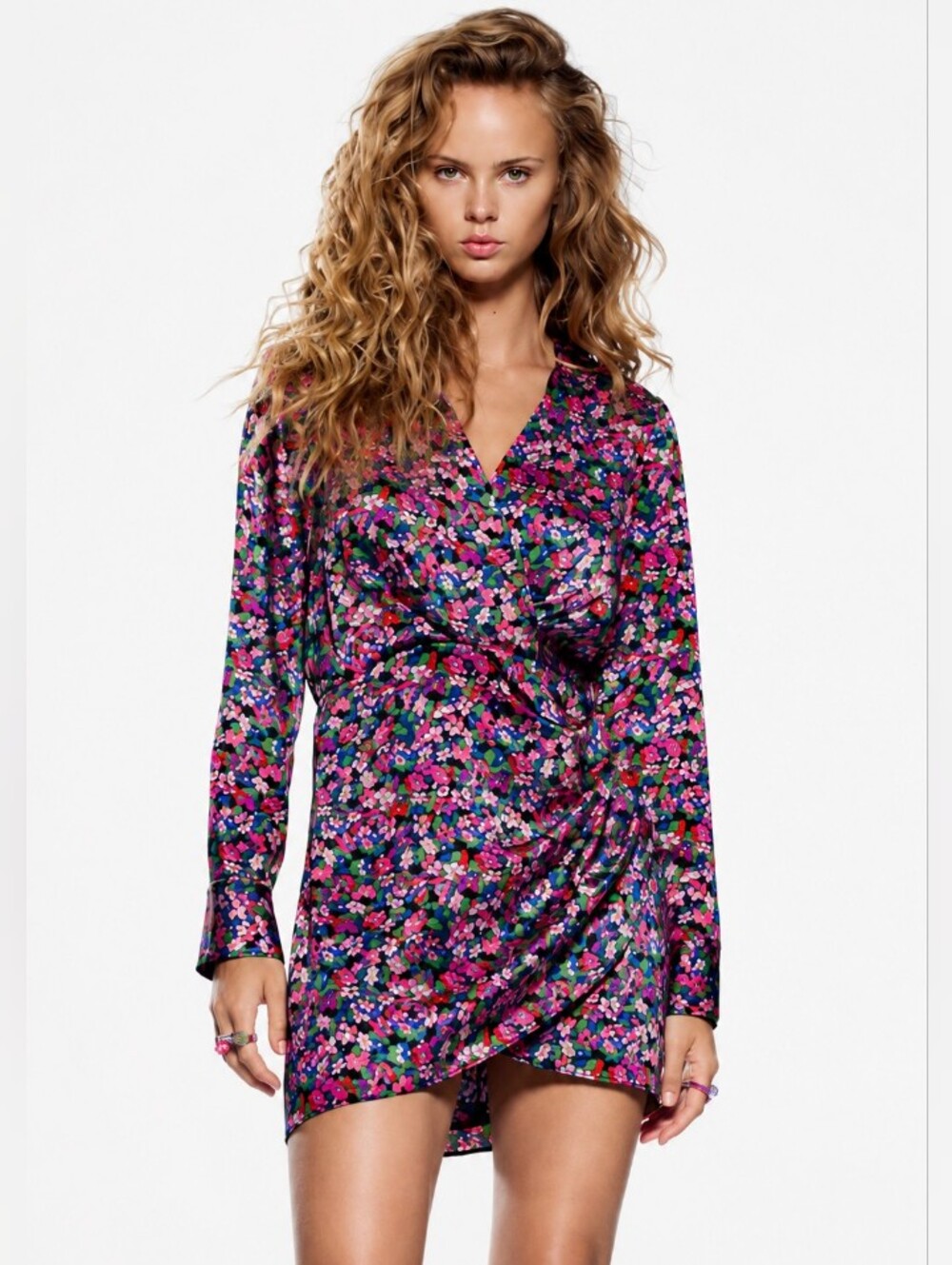 Zara Women's Floral XL Mini Dress in Pink, Green, Black Deep V neck